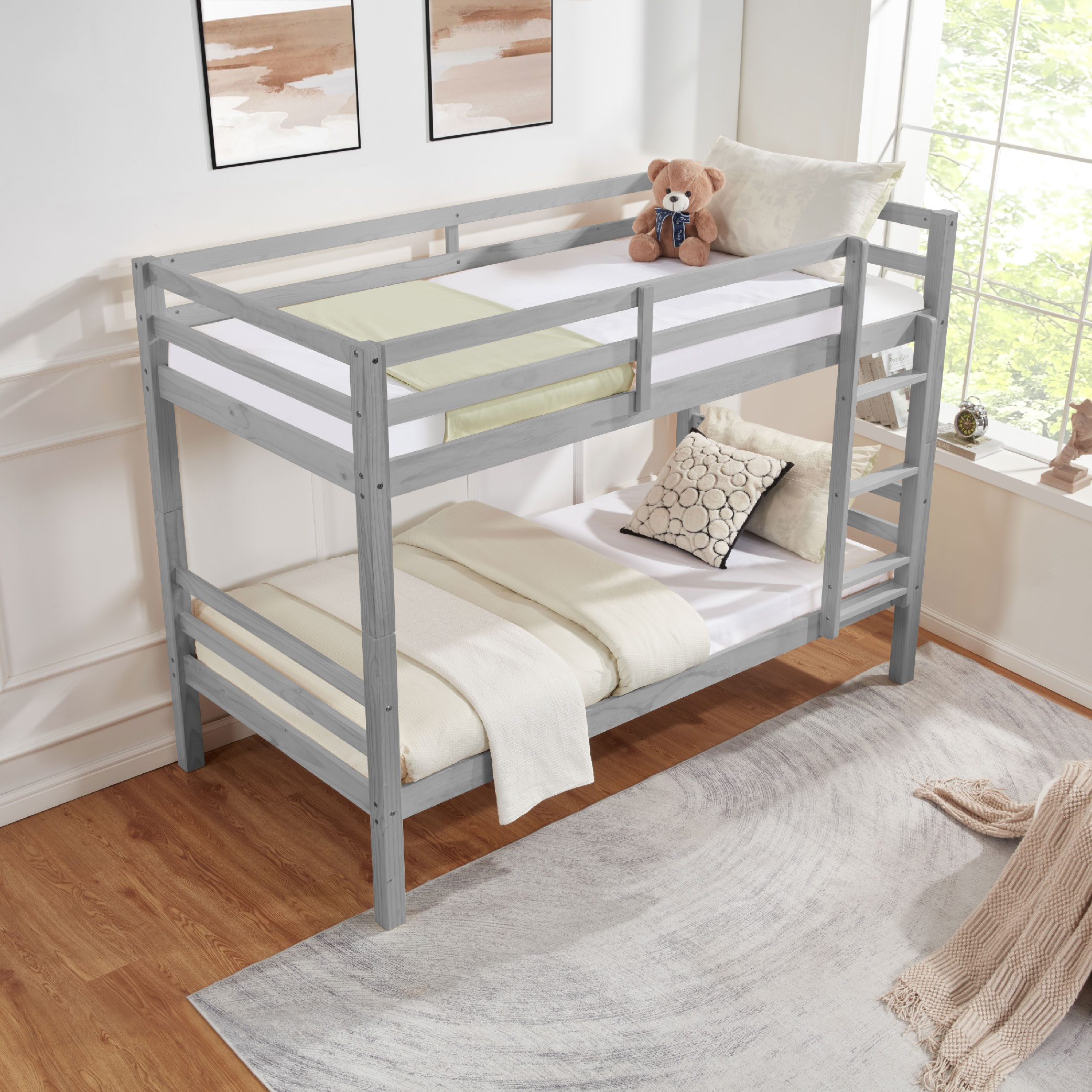 Twin over Twin Bunk Bed with Thick Posts,Wooden Bunk Bed with High Guardrail and Ladder for Kids, Teens, Dorm Rooms, and Guest Rooms,No Box Spring Needed,Grey Twin over Twin Bunk Bed with Thick Posts,Wooden Bunk Bed with High Guardrail and Ladder for Kids, Teens, Dorm Rooms, and Guest Rooms,No Box Spring Needed,Grey